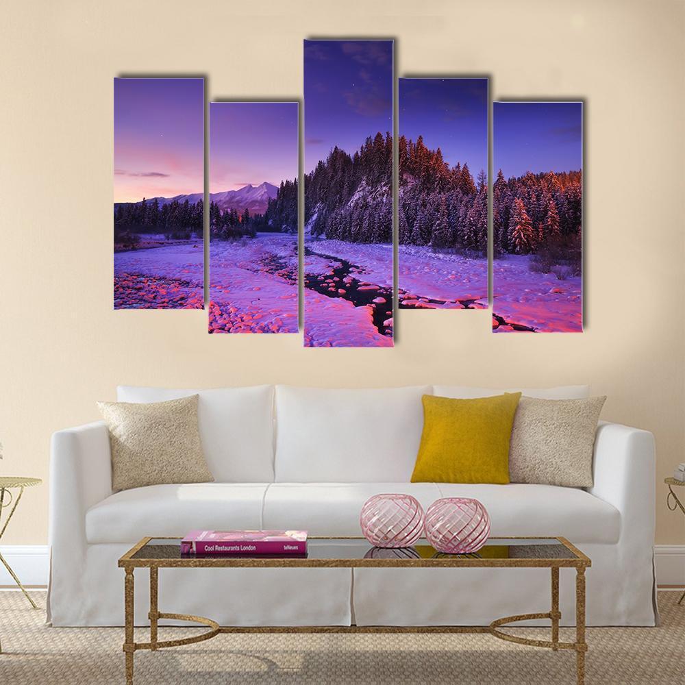 Winter Night Landscape Canvas Wall Art-5 Pop-Gallery Wrap-47" x 32"-Tiaracle