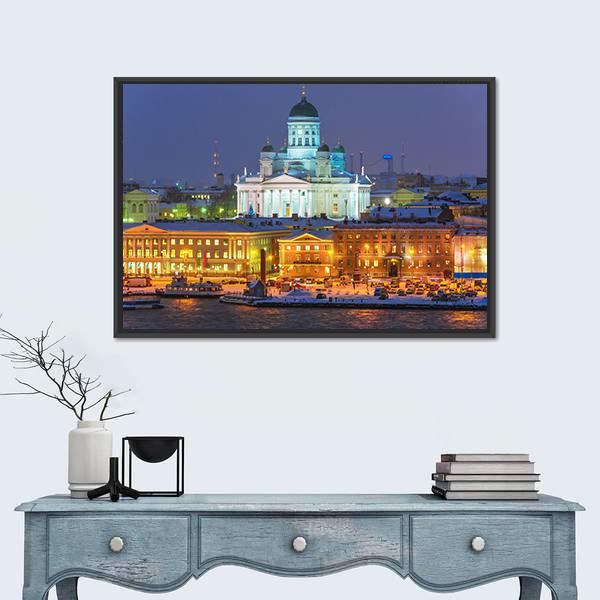 Winter Night Scenery In Helsinki Canvas Wall Art-1 Piece-Floating Frame-24" x 16"-Tiaracle