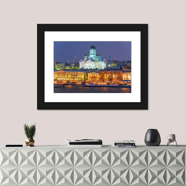 Winter Night Scenery In Helsinki Canvas Wall Art-1 Piece-Framed Print-20" x 16"-Tiaracle
