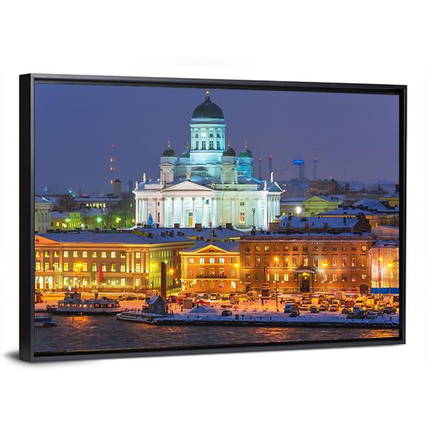 Winter Night Scenery In Helsinki Canvas Wall Art-3 Horizontal-Gallery Wrap-25" x 16"-Tiaracle