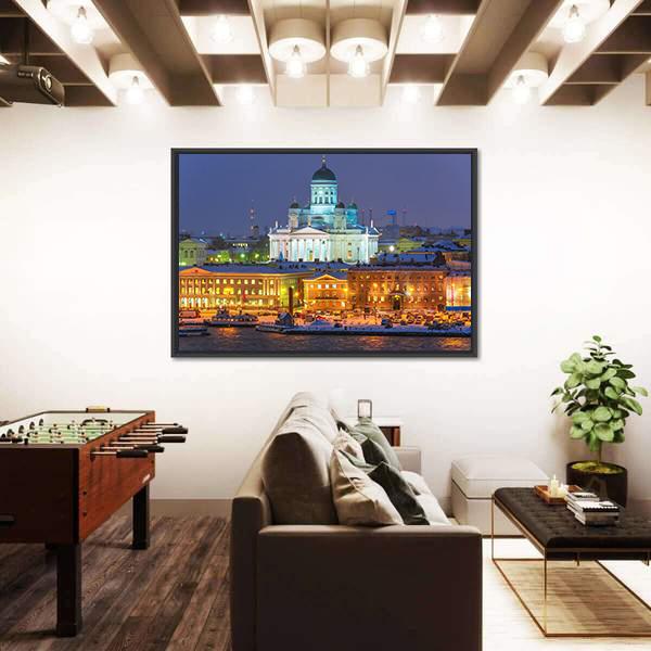 Winter Night Scenery In Helsinki Canvas Wall Art-3 Horizontal-Gallery Wrap-25" x 16"-Tiaracle