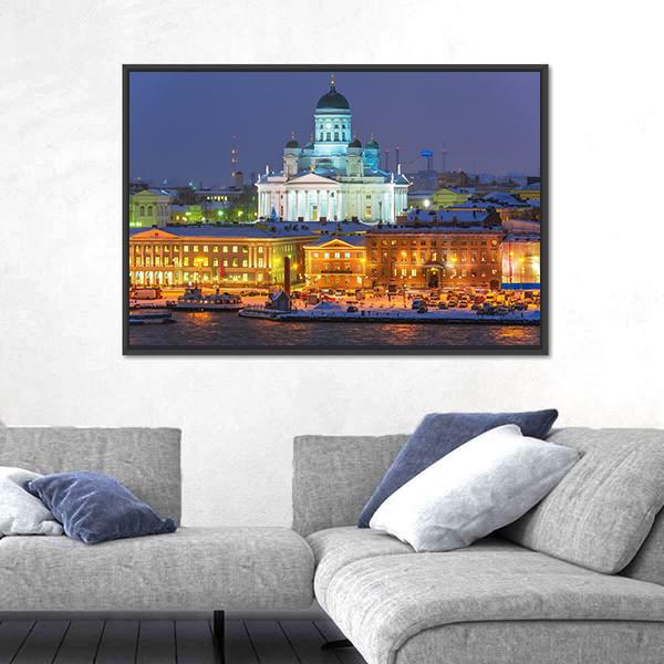 Winter Night Scenery In Helsinki Canvas Wall Art-3 Horizontal-Gallery Wrap-25" x 16"-Tiaracle