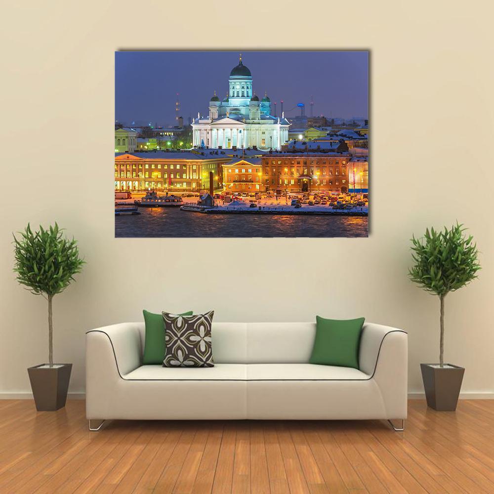 Winter Night at Helsinki Harbor Canvas Wall Art in white, yellow and blue, single panel hung on a wall
