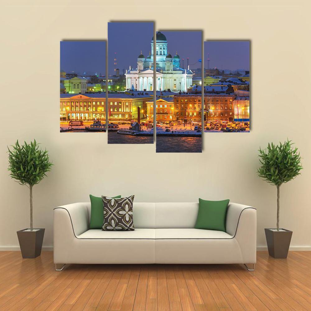 Winter Night Scenery In Helsinki Canvas Wall Art-4 Pop-Gallery Wrap-50" x 32"-Tiaracle