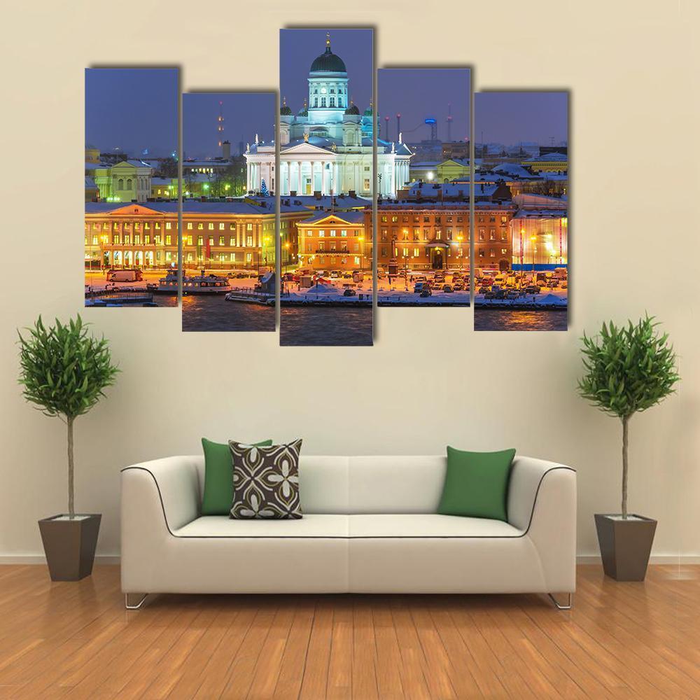 Winter Night Scenery In Helsinki Canvas Wall Art-5 Pop-Gallery Wrap-47" x 32"-Tiaracle