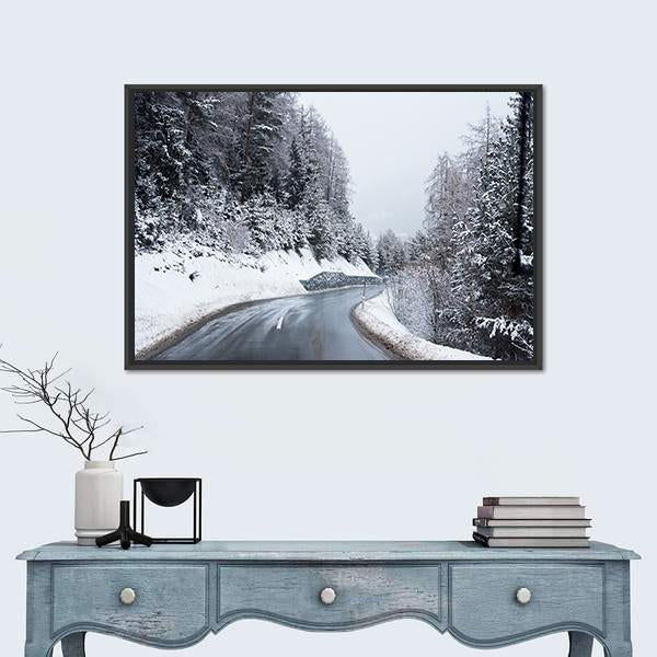 Winter Road Through Icy Forest Canvas Wall Art-1 Piece-Floating Frame-24" x 16"-Tiaracle