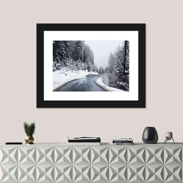 Winter Road Through Icy Forest Canvas Wall Art-1 Piece-Framed Print-20" x 16"-Tiaracle
