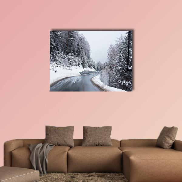 Winter Road Through Icy Forest Canvas Wall Art-1 Piece-Gallery Wrap-48" x 32"-Tiaracle