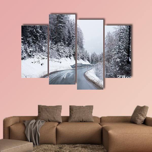 Winter Road Through Icy Forest Canvas Wall Art-4 Pop-Gallery Wrap-50" x 32"-Tiaracle