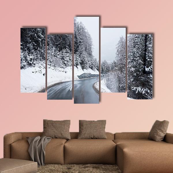 Winter Road Through Icy Forest Canvas Wall Art-5 Pop-Gallery Wrap-47" x 32"-Tiaracle