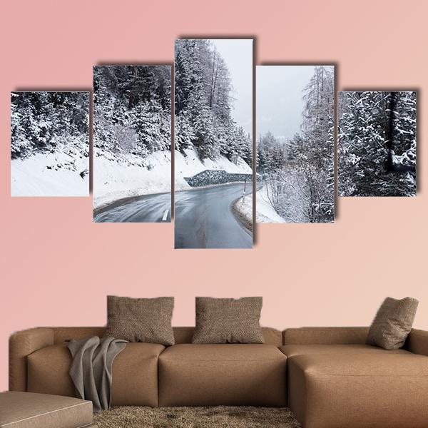 Winter Road Through Icy Forest Canvas Wall Art-5 Star-Gallery Wrap-62" x 32"-Tiaracle