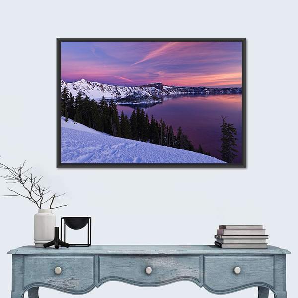 Winter Scene At Crater Lake National Park Canvas Wall Art-1 Piece-Floating Frame-36" x 24"-Tiaracle