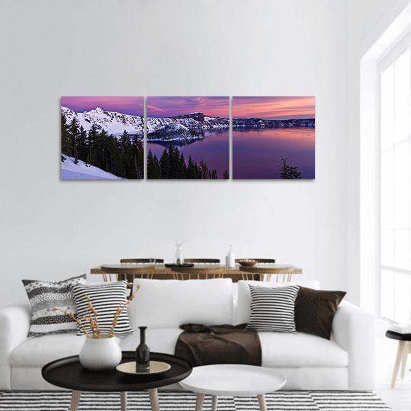 Winter Twilight Lake with Snow-capped Mountains Panoramic Canvas Wall Art in white, blue and purple, hung on a wall