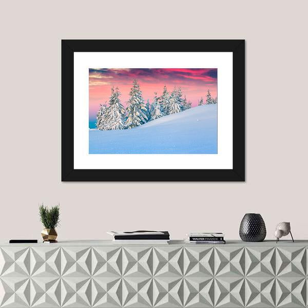 Winter Scene In The Snowy Mountains Canvas Wall Art-1 Piece-Framed Print-20" x 16"-Tiaracle