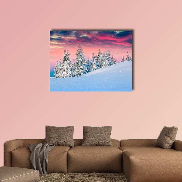 Snow-covered Pines at Winter Sunset Canvas Wall Art in white, blue and pink, single panel hung on a wall