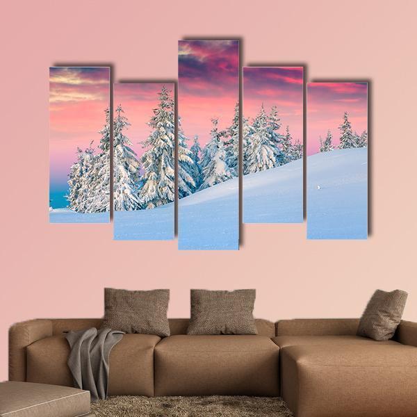 Winter Scene In The Snowy Mountains Canvas Wall Art-5 Pop-Gallery Wrap-47" x 32"-Tiaracle