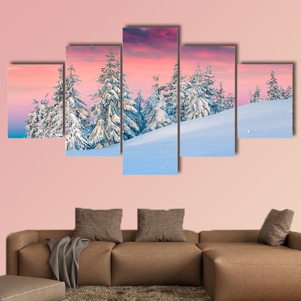 Winter Scene In The Snowy Mountains Canvas Wall Art-5 Star-Gallery Wrap-62" x 32"-Tiaracle