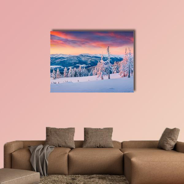 Winter Sunrise In The Snowy Mountains Canvas Wall Art-1 Piece-Gallery Wrap-36" x 24"-Tiaracle