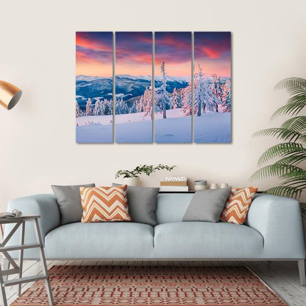 Winter Sunrise In The Snowy Mountains Canvas Wall Art-4 Horizontal-Gallery Wrap-34" x 24"-Tiaracle