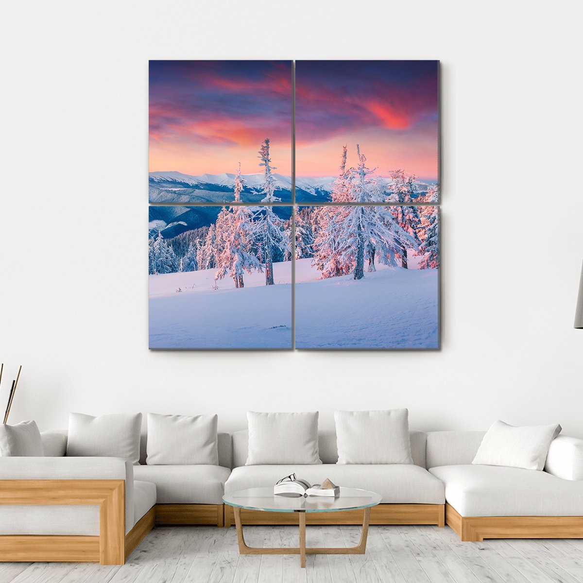 Winter Sunrise In The Snowy Mountains Canvas Wall Art-4 Square-Gallery Wrap-17" x 17"-Tiaracle