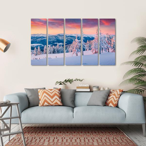 Winter Sunrise In The Snowy Mountains Canvas Wall Art-5 Horizontal-Gallery Wrap-22" x 12"-Tiaracle