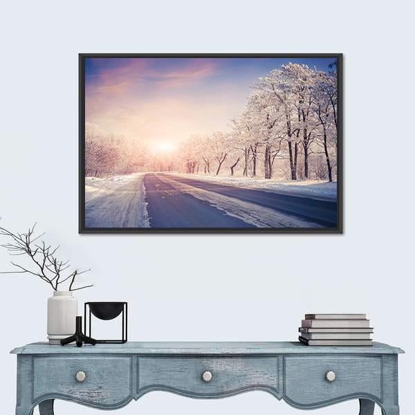 Winter Sunrise On The Highway Canvas Wall Art-1 Piece-Floating Frame-24" x 16"-Tiaracle