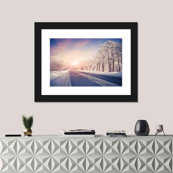 Winter Sunrise On The Highway Canvas Wall Art-1 Piece-Framed Print-20" x 16"-Tiaracle