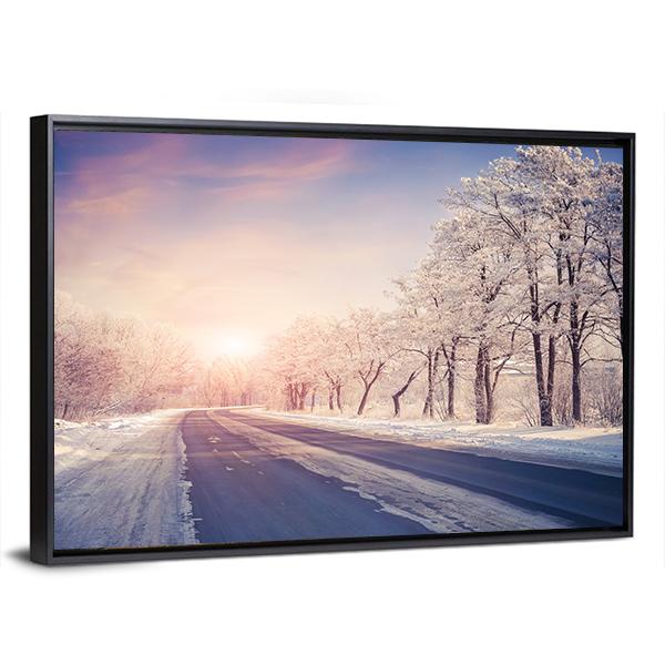 Winter Sunrise On The Highway Canvas Wall Art-3 Horizontal-Gallery Wrap-25" x 16"-Tiaracle