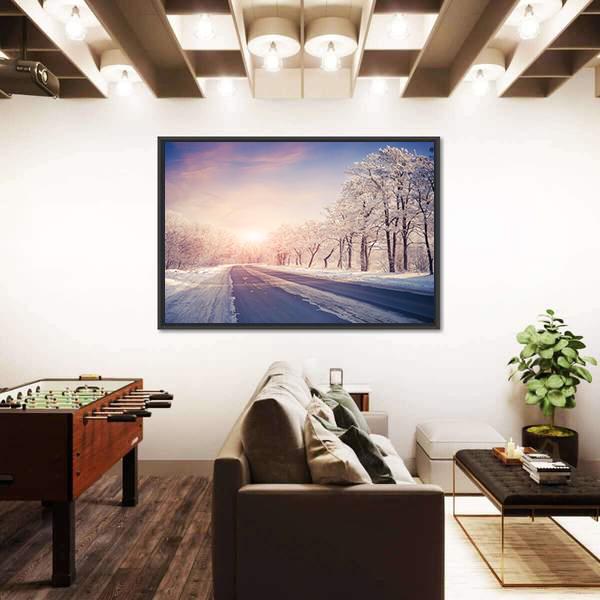Winter Sunrise On The Highway Canvas Wall Art-3 Horizontal-Gallery Wrap-25" x 16"-Tiaracle