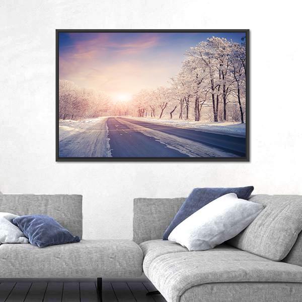 Winter Sunrise On The Highway Canvas Wall Art-3 Horizontal-Gallery Wrap-25" x 16"-Tiaracle