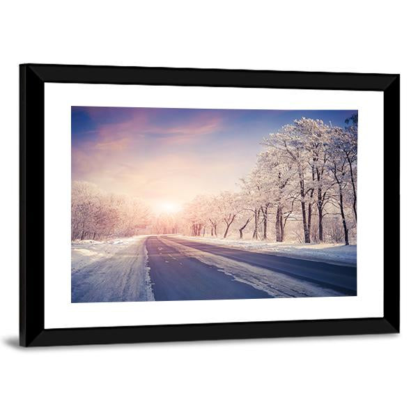 Winter Sunrise On The Highway Canvas Wall Art-3 Horizontal-Gallery Wrap-25" x 16"-Tiaracle