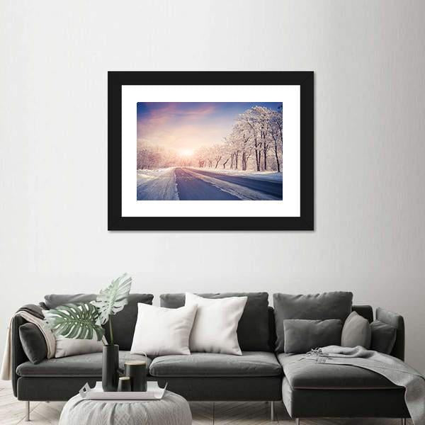 Winter Sunrise On The Highway Canvas Wall Art-3 Horizontal-Gallery Wrap-25" x 16"-Tiaracle