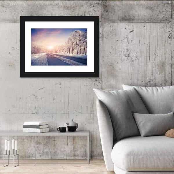 Winter Sunrise On The Highway Canvas Wall Art-3 Horizontal-Gallery Wrap-25" x 16"-Tiaracle