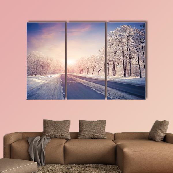 Winter Sunrise On The Highway Canvas Wall Art-3 Horizontal-Gallery Wrap-37" x 24"-Tiaracle