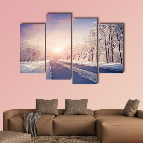 Winter Sunrise On The Highway Canvas Wall Art-4 Pop-Gallery Wrap-50" x 32"-Tiaracle
