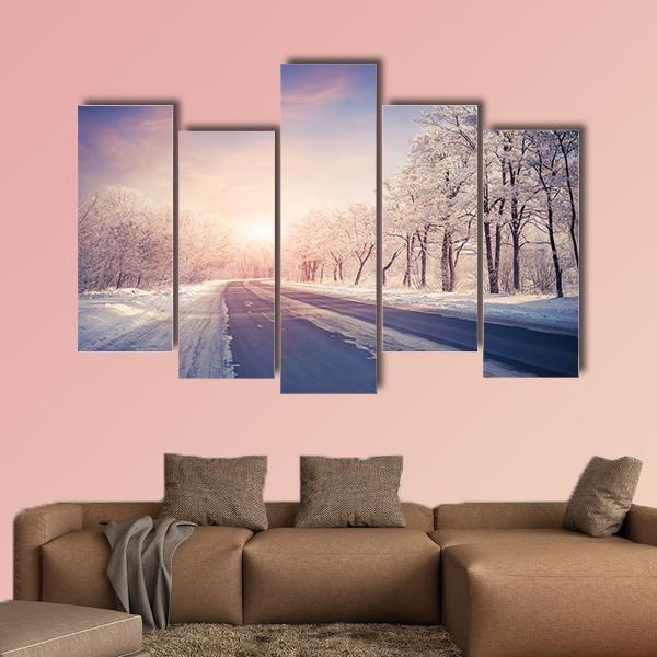 Winter Sunrise On The Highway Canvas Wall Art-5 Pop-Gallery Wrap-47" x 32"-Tiaracle