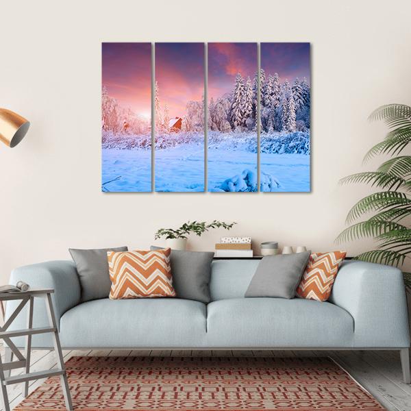 Winter Sunset In The Mountain Village Ukraine Canvas Wall Art-4 Horizontal-Gallery Wrap-34" x 24"-Tiaracle