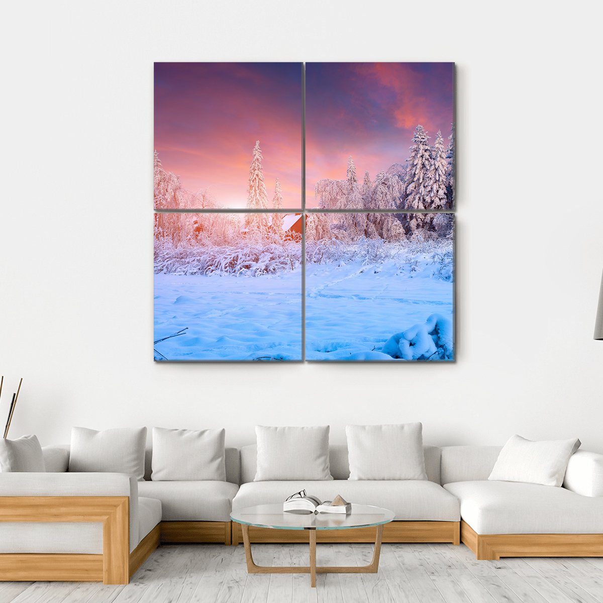 Winter Sunset In The Mountain Village Ukraine Canvas Wall Art-4 Square-Gallery Wrap-17" x 17"-Tiaracle