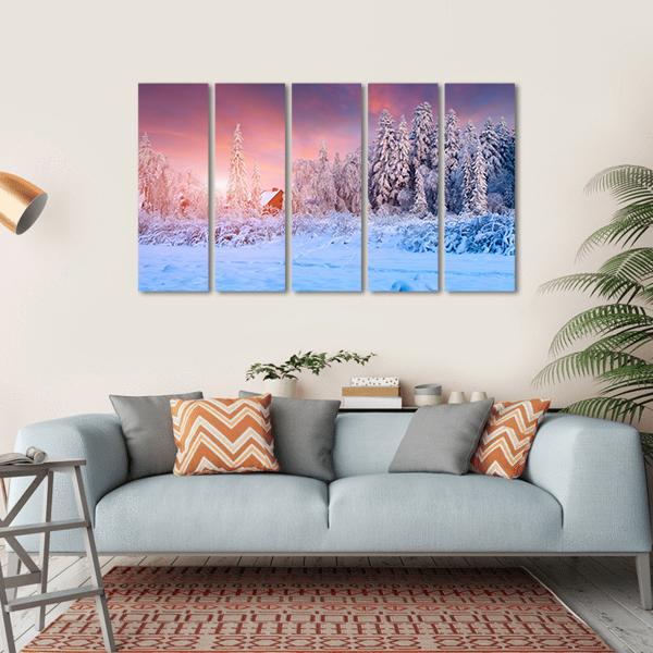 Winter Sunset In The Mountain Village Ukraine Canvas Wall Art-5 Horizontal-Gallery Wrap-22" x 12"-Tiaracle