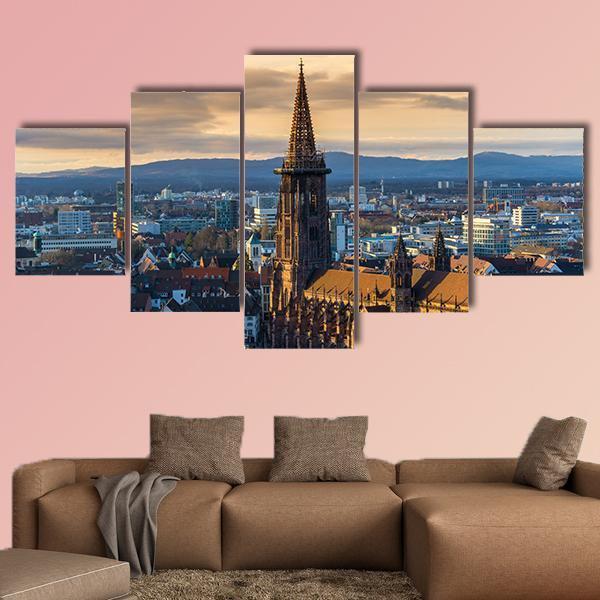Winter Sunset Over Freiburg Im Breisgau Canvas Wall Art-5 Star-Gallery Wrap-62" x 32"-Tiaracle