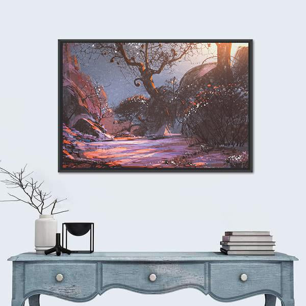 Winter Sunset With Trees Canvas Wall Art-1 Piece-Floating Frame-24" x 16"-Tiaracle