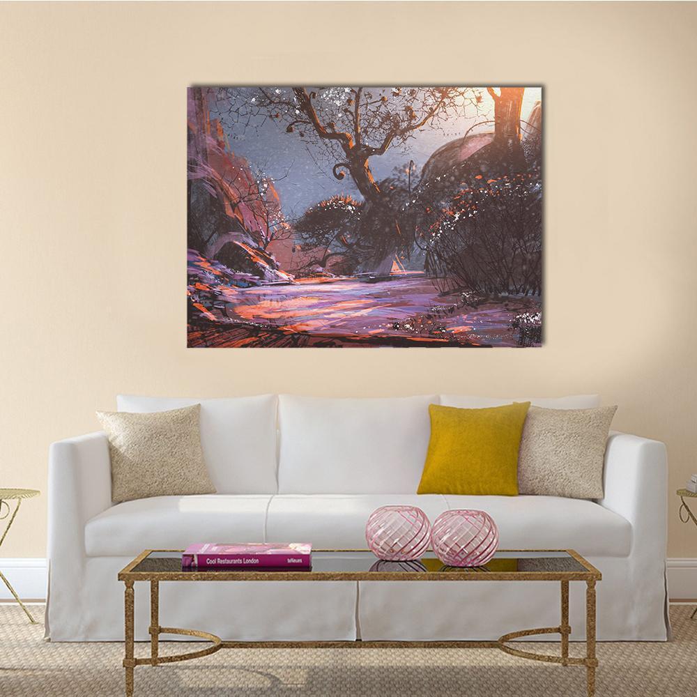 Winter Sunset Over Frozen River Canvas Wall Art in brown, orange and purple, single panel hung on a wall