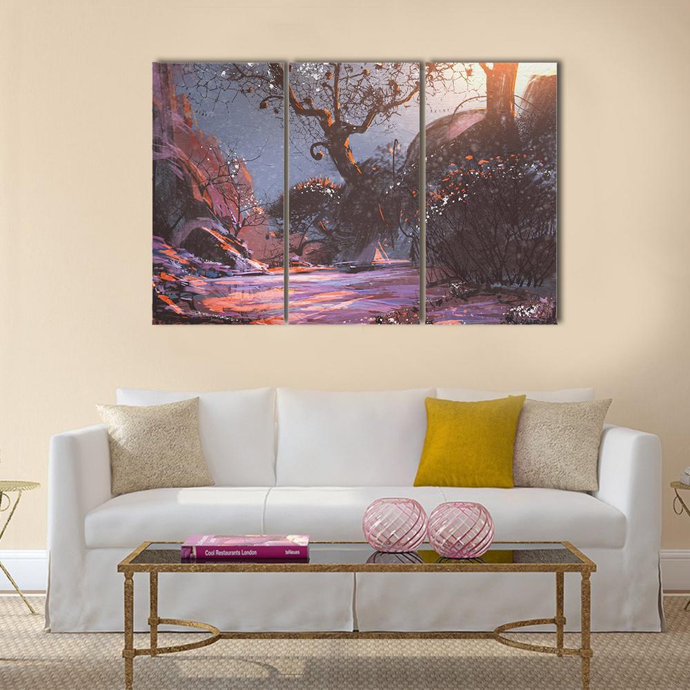 Winter Sunset With Trees Canvas Wall Art-3 Horizontal-Gallery Wrap-37" x 24"-Tiaracle