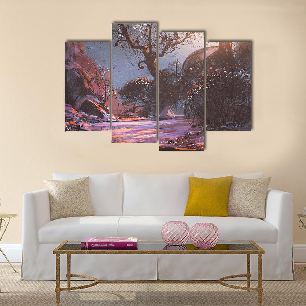 Winter Sunset With Trees Canvas Wall Art-4 Pop-Gallery Wrap-50" x 32"-Tiaracle