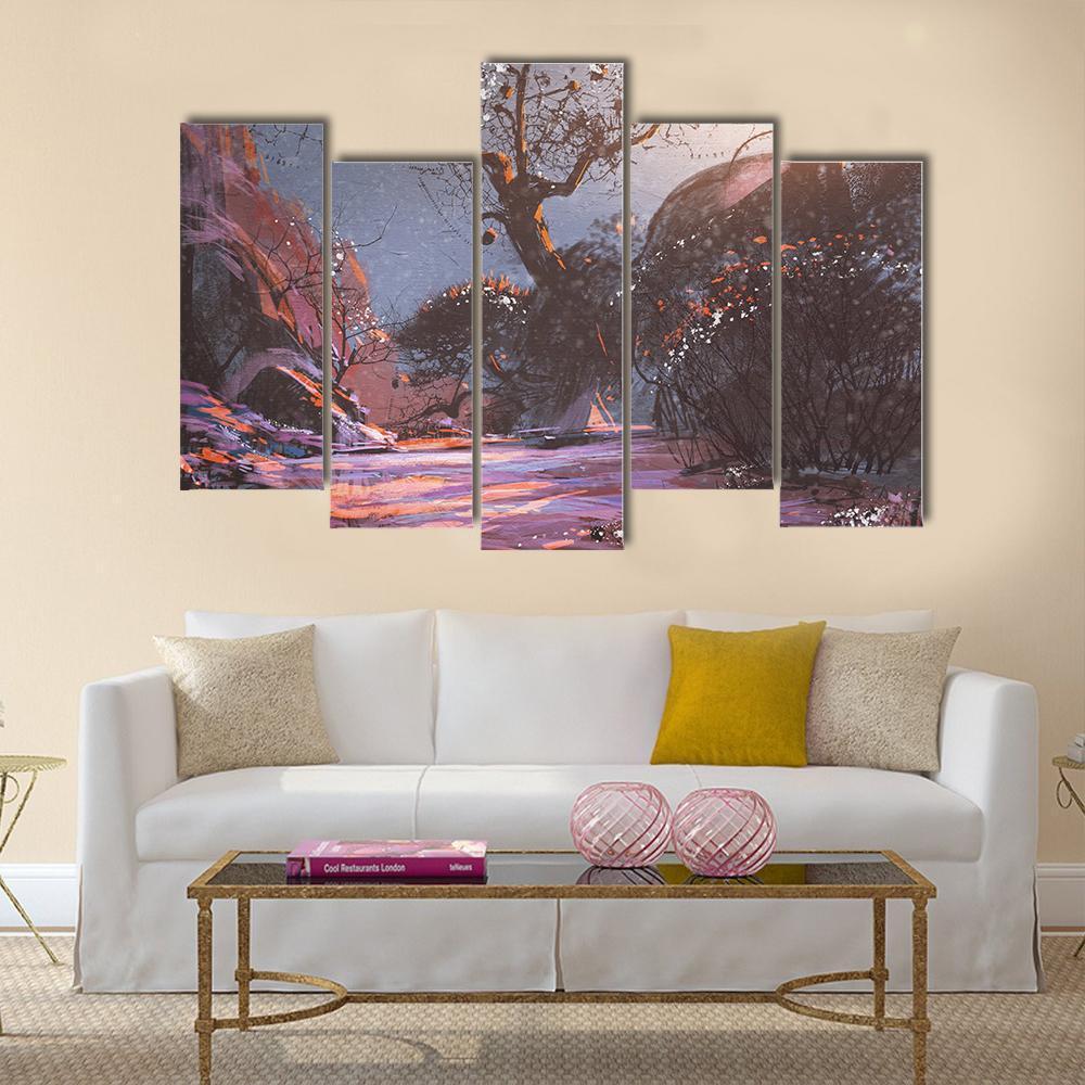 Winter Sunset With Trees Canvas Wall Art-5 Pop-Gallery Wrap-47" x 32"-Tiaracle