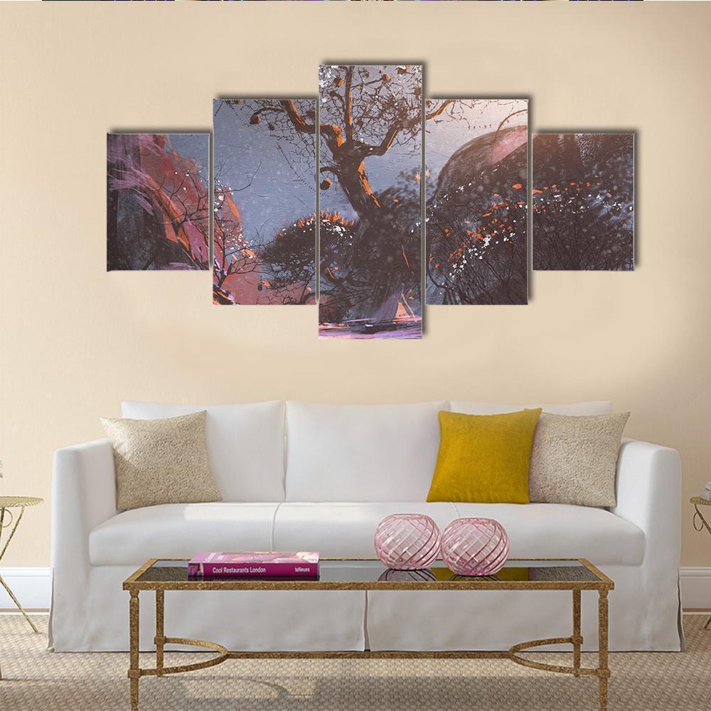 Winter Sunset With Trees Canvas Wall Art-5 Star-Gallery Wrap-62" x 32"-Tiaracle