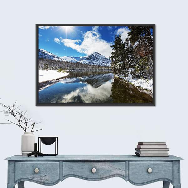 Winter View Of Glacier National Park Canvas Wall Art-1 Piece-Floating Frame-24" x 16"-Tiaracle