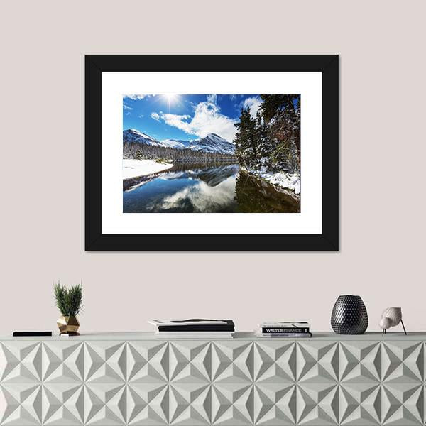 Winter View Of Glacier National Park Canvas Wall Art-1 Piece-Framed Print-20" x 16"-Tiaracle