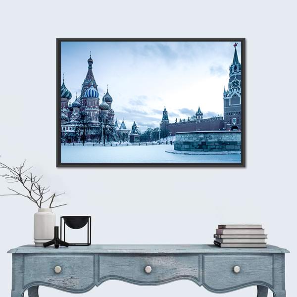 Winter View Of Saint Basil's Cathedral Canvas Wall Art-1 Piece-Floating Frame-24" x 16"-Tiaracle