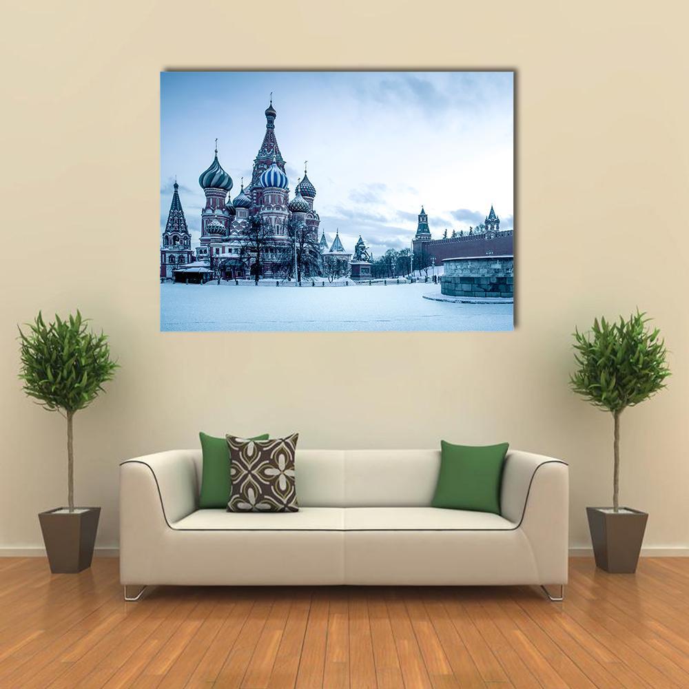 Saint Basil's Cathedral in Winter Canvas Wall Art in white, red and blue, single panel hung on a wall
